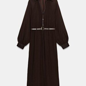 PLEATED BELTED MIDI DRESS